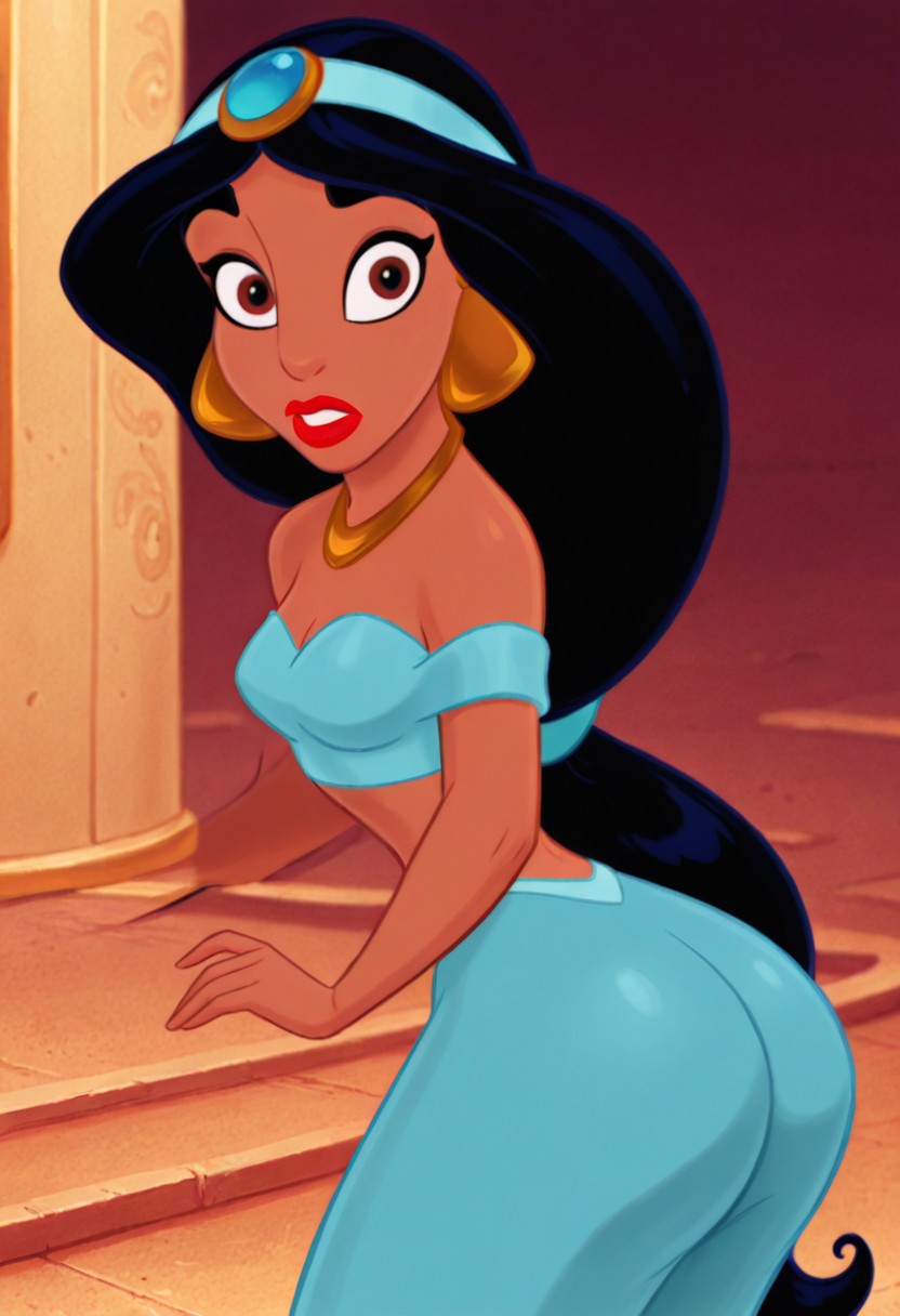 score_9, score_8_up, score_7_up, ultra quality, solo, 1girl, jasmine, black hair, very long hair, brown eyes, lipstick, red lips, make-up, dark-skinned female, blue arabian clothes, jewelry, earrings, necklace, crop top, off-shoulder shirt, gem, surprised, hips focus, breasts, big hips, big butt, bubble butt, curvy, narrow waist, standing, upper body, looking to the viewer, close up, screencap,