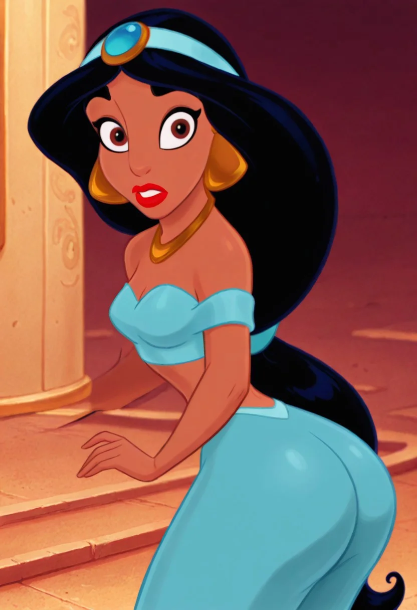 score_9, score_8_up, score_7_up, ultra quality, solo, 1girl, jasmine, black hair, very long hair, brown eyes, lipstick, red lips, make-up, dark-skinned female, blue arabian clothes, jewelry, earrings, necklace, crop top, off-shoulder shirt, gem, surprised, hips focus, breasts, big hips, big butt, bubble butt, curvy, narrow waist, standing, upper body, looking to the viewer, close up, screencap,