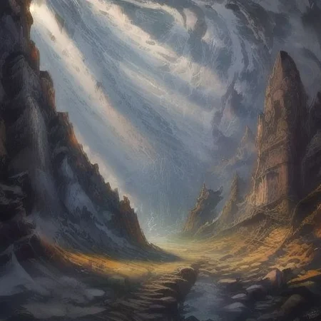 ((Masterpiece)), realistic digital painting of the hall of the mountain, official art, perfect composition, cinematic lighting, crepuscular rays,