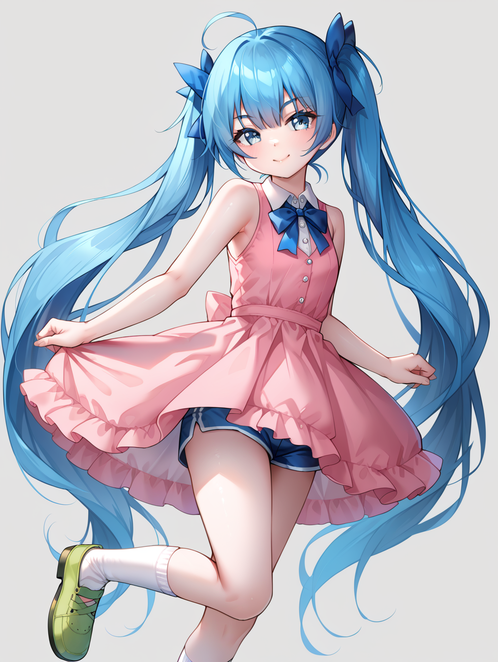 1girl, 
solo, green footwear, grey eyes, standing on one leg, blue bow, shorts under dress, hair bow, long hair, blue hair, standing, collared shirt, blue eyes, shorts, smile, very long hair, dress, signature, sleeveless, shirt, sleeveless dress, shoes, looking at viewer, twintails, pink dress, bow, v-shaped eyebrows, bare shoulders, closed mouth, sock, white socks, blue short, short shorts, grey background, ahoge, socks,
score_9, score_8_up, score_7_up, source_anime
 <lora:style024:0.85>