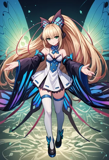 score_4,score_5,score_6,score_7_up,score_8_up,score_9 ((masterpiece,best quality,ultra detailed,highres,HD,4k:1.2)),
Lumen, blonde hair, light blonde hair, long hair, bangs, green eyes, ponytail, butterfly hair ornament, antennae,, short dress, detached collar, detached sleeves, wide sleeves, white thighhighs, bare shoulders, black shoes,butterfly ornamented shoes, cleavage,, wings, butterfly wings,