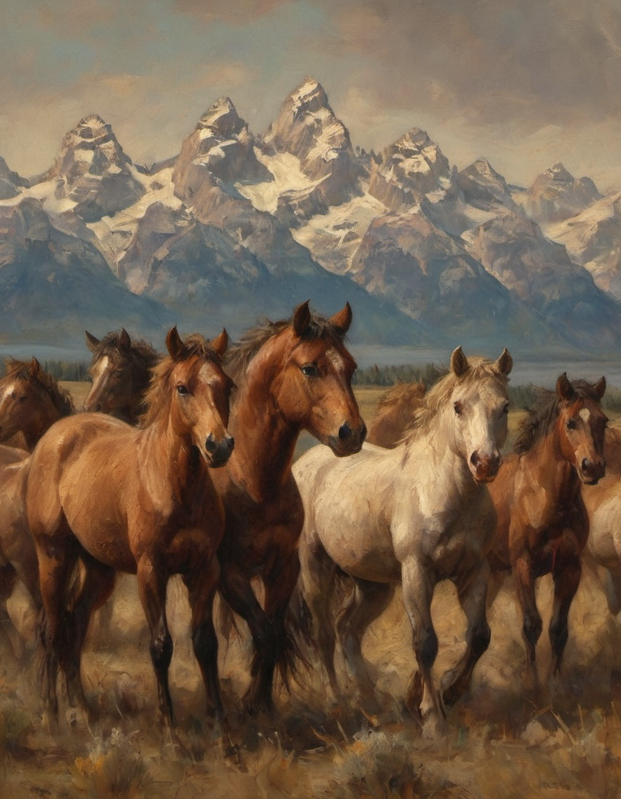 a herd of wild horses with the grand Teton mountains in the background