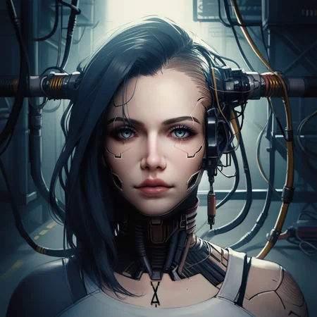 score_9,score_8_up,score_7_up,score_6_up,source_anime,rating_safe, close up, 1girl, <lora:CyberWare:0.8>cyb3rwar3, cyborg, cyberpunk, cybernetic face lines, exposed mechanics, cable, cables in head, garage, neon,, zPDXL2,