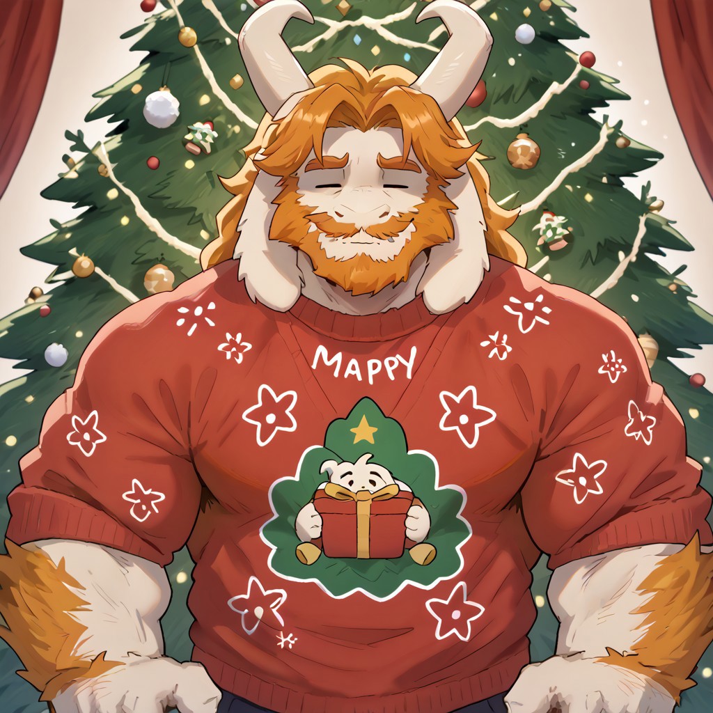 score_9, score_8_up, score_7_up, (((smile))), christmas_sweater, sollyz, by sollyz, Asgore Dreemurr , Goat Boy, (((manly, masculine))), Bara, Muscular Male, Solo, (((closed mouth, closed eyes))), Yasser, By overcyan, (((mustache)))