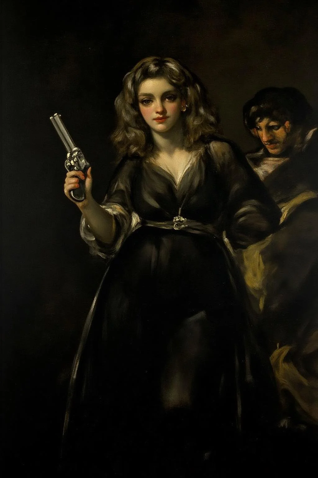 g0ya1 painting of a mysterious woman with wavy hair and piercing eyes stands in the shadows of a dimly lit room. She is holding a small revolver with a delicate yet firm grip.  <lora:g0ya2_cap_d6a3e12:1.0><lora:823858037136678468:0>