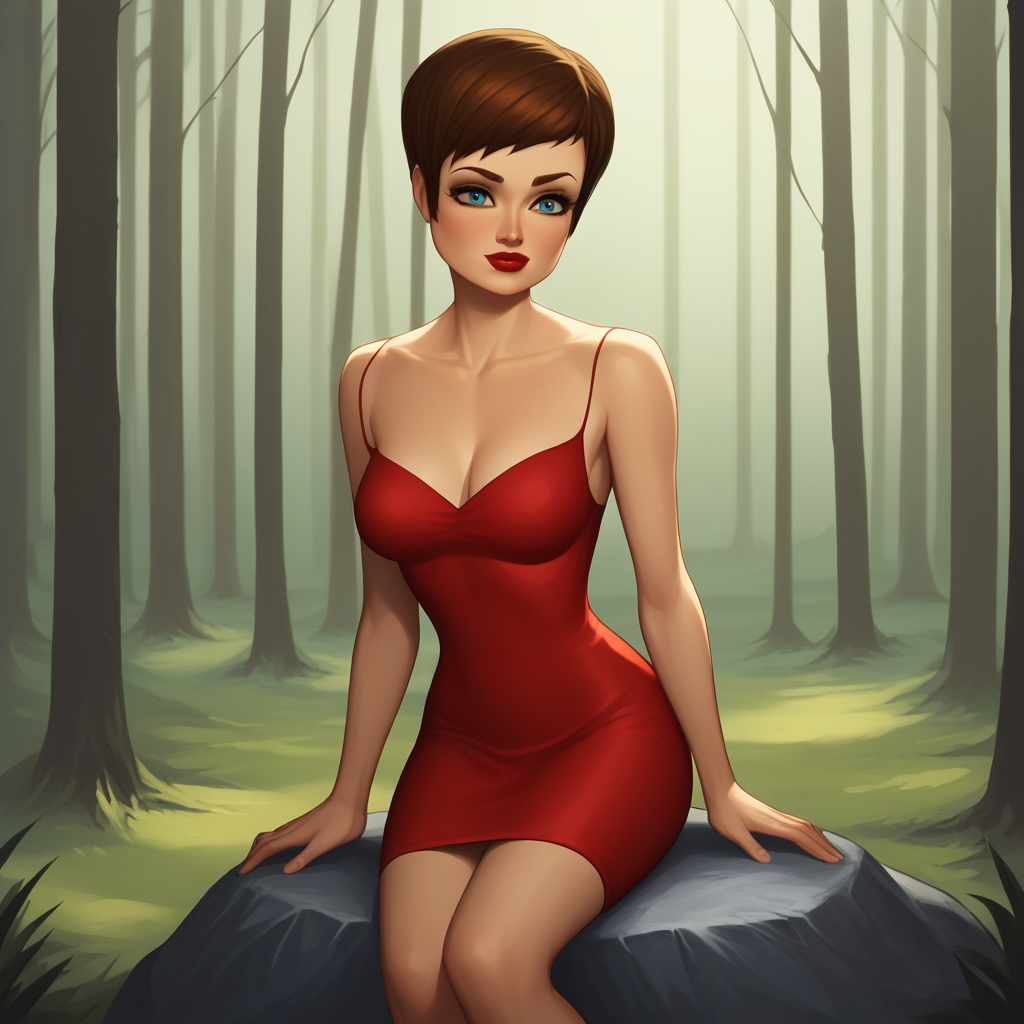 score_8_up, BREAK, 1girl, solo, Roxanne, brown hair, short hair, blue eyes, lipstick, red dress,  <lora:roxanne_ritchi_XL_Leaf:1>,  sitting on rock, forest,
