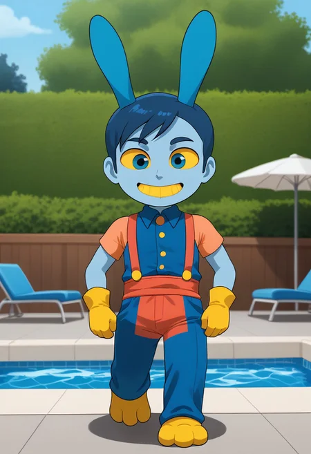JaxTADC, solo, gloves, 1boy, animal ears, walking, upper body, portrait, toes, animal ears, rabbit ears, suspenders, chibi, male focus, human:1.9, hot blue waistcoat, pants, hot blue gloves, yellow sclera, colored sclera, Hot Blue eyes, yellow teeth, rabbit feet, Hot Blue cornea, bun head, swimming pool