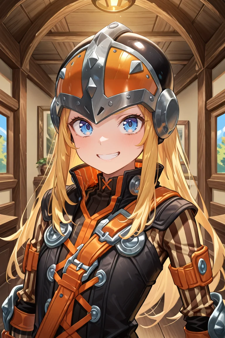 masterpiece, very aesthetic, absurdres, best quality, amazing quality, high resolution, <lora:illustrious_quality_modifiers_masterpieces_v1:0.8> , <lora:ChamIllustriousBackgroundEnhancer:0.5>,  solo   <lora:InzaghiIL:1> , InzDef, 1boy, adult male, blonde hair, sidelocks, long hair, blue eyes, helmet, armor, elbow pads, orange straps, popped collar, layered shirt, cross-laced top, black bodysuit, bodysuit under clothes, striped sleeves, looking at viewer, ((face, close-up)), portrait, grin, solo, interior,  facing right, flat chest,
