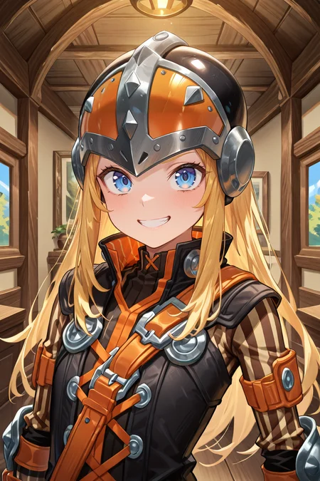 masterpiece, very aesthetic, absurdres, best quality, amazing quality, high resolution, <lora:illustrious_quality_modifiers_masterpieces_v1:0.8> , <lora:ChamIllustriousBackgroundEnhancer:0.5>,  solo   <lora:InzaghiIL:1> , InzDef, 1boy, adult male, blonde hair, sidelocks, long hair, blue eyes, helmet, armor, elbow pads, orange straps, popped collar, layered shirt, cross-laced top, black bodysuit, bodysuit under clothes, striped sleeves, looking at viewer, ((face, close-up)), portrait, grin, solo, interior,  facing right, flat chest,
