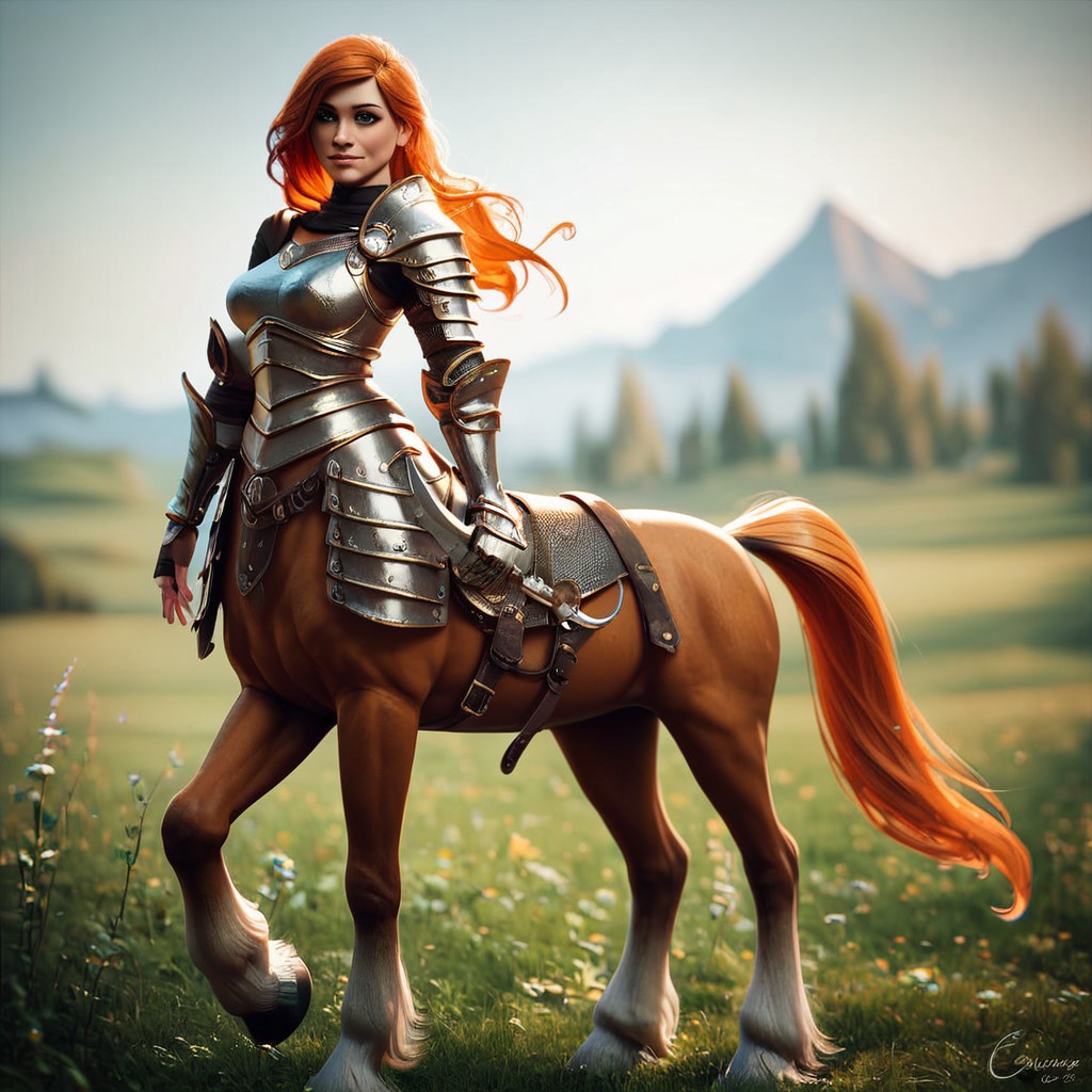 (((beautiful, high quality))), full Body, score_9, score_8_up, score_7_up, 
Сentaur, Centaur horse, 1girl, green eyes, ginger hair, armor, ginger horse,
looking at the viewer, posing, blurred background,