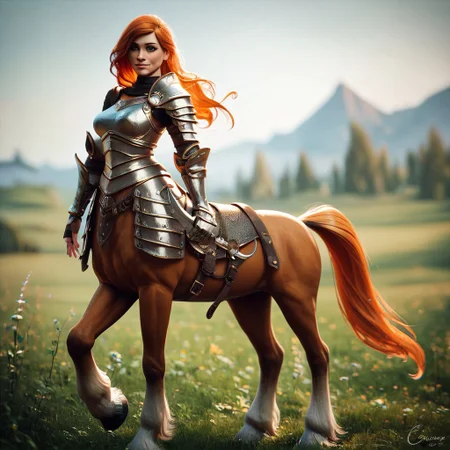 (((beautiful, high quality))), full Body, score_9, score_8_up, score_7_up,
Сentaur, Centaur horse, 1girl, green eyes, ginger hair, armor, ginger horse,
looking at the viewer, posing, blurred background,