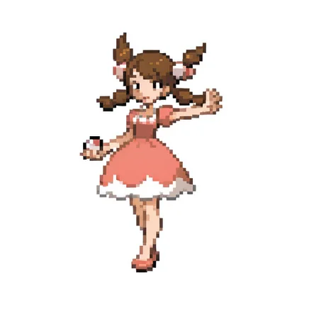 1girl, 
brown hair, twintails, dress, 
outstretched arm, holding poke ball
