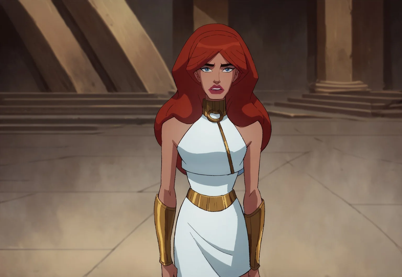 score_9_up, score_8_up, score_7_up, Red hair, long hair, blue eyes, makeup, lipstick, dress, white dress, neck ring, golden belt, sleeveless, boots, Alexa (dc)