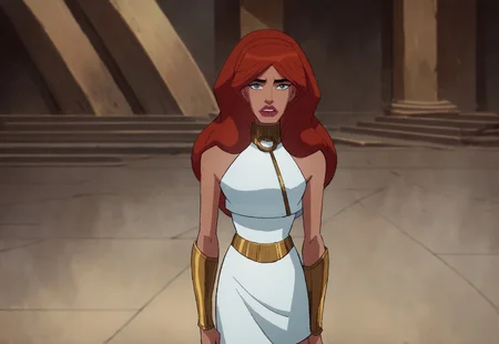 score_9_up, score_8_up, score_7_up, Red hair, long hair, blue eyes, makeup, lipstick, dress, white dress, neck ring, golden belt, sleeveless, boots, Alexa (dc)