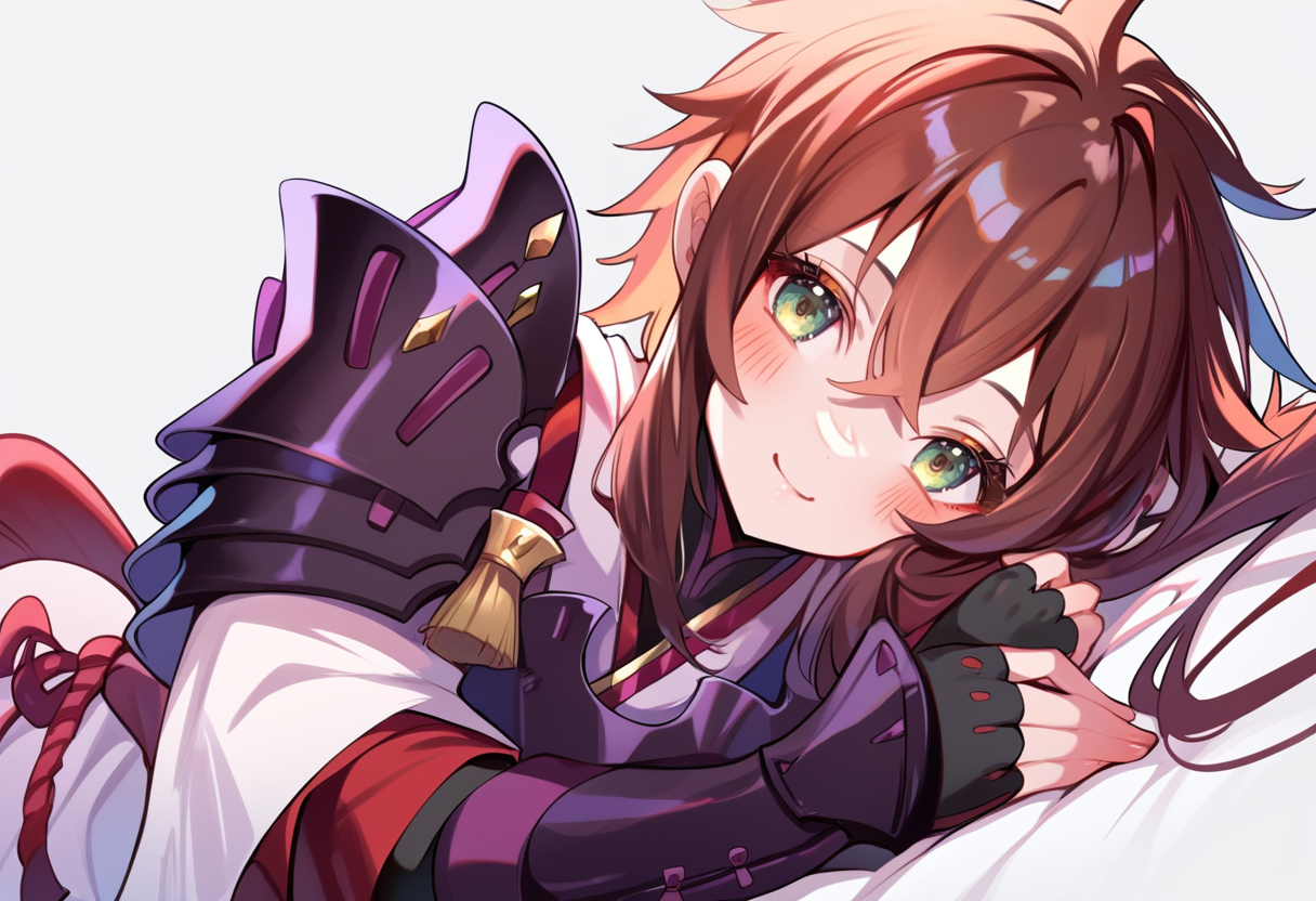 (score_9:0.9),score_8_up,score_7_up,anime style,rating_safe,(zPDXL),<lora:XB2 Lora and Haze ponyXL v1:0.77>,shoulder armor,fingerless gloves,lora_xb2,white japanese costume,1girl,smile,solo,looking at viewer,blush,simple background,lying,
