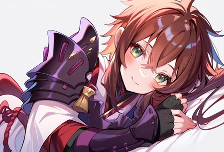 (score_9:0.9),score_8_up,score_7_up,anime style,rating_safe,(zPDXL),<lora:XB2 Lora and Haze ponyXL v1:0.77>,shoulder armor,fingerless gloves,lora_xb2,white japanese costume,1girl,smile,solo,looking at viewer,blush,simple background,lying,