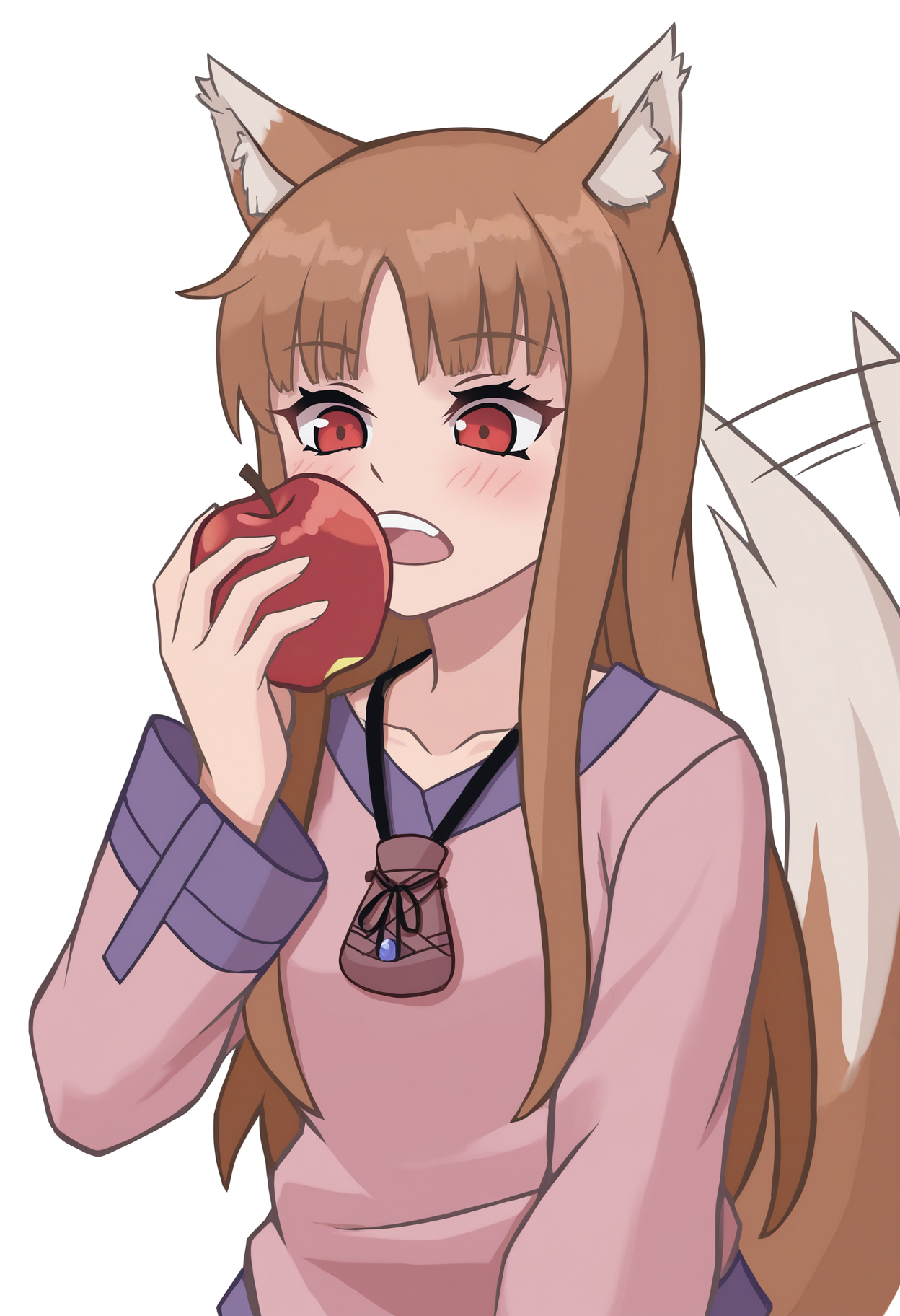 holo, 1girl, animal ear fluff, animal ears, apple, blush, brown hair, collarbone, eyelashes, food, fruit, hand up, holding, holding food, holding fruit, jewelry, long hair, long sleeves, necklace, parted bangs, pink shirt, purple trim, red eyes, shirt, simple background, solo, tail, tail raised, teeth, upper teeth only, white background, wolf ears, wolf girl, wolf tail, tail wiggle, upper body,
, masterpiece, best quality, good quality,
<lora:duhota_noob_vpred-1.0_edm2_v1:1>