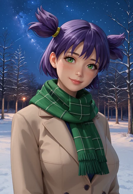 8k, 4k, 3d, realistic, realism,
score_9, score_8_up, score_7_up,
best quality, masterpiece, ultra detailed,
162 cm height, 18 years old,
<lora:Expressive_H:1>, light smile, (blush:1.3), closed mouth, lips, nose,
looking at viewer, from side,
<lora:Everlasting_Summer_Lena_by_GraffMetal_V1.2:1>, lena, purple hair, green eyes, short hair, short twintails, twintails, two side up, bangs, solo, large breasts,
scarf, coat, night, sky, green scarf, gloves, tree, star, starry sky, night sky, winter clothes, outdoors, green gloves,
amazing background,