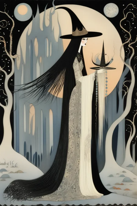 <lora:Kay Nielsen Style:1>Kay Nielsen Style - witchy woman in the style of Kay Nielsen