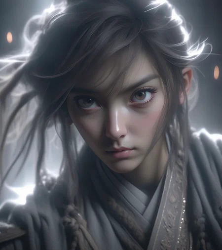Chinese ancient style, black and gray tones, hazy feeling, sword fairy, movie shot, photo realism, shot from a low angle, a young heroine, very handsome, big eyes, focused on eyes, close-up, high cold, crazy details, movie lighting, ultra high definition, cg rendering, volume lighting, unreal engine