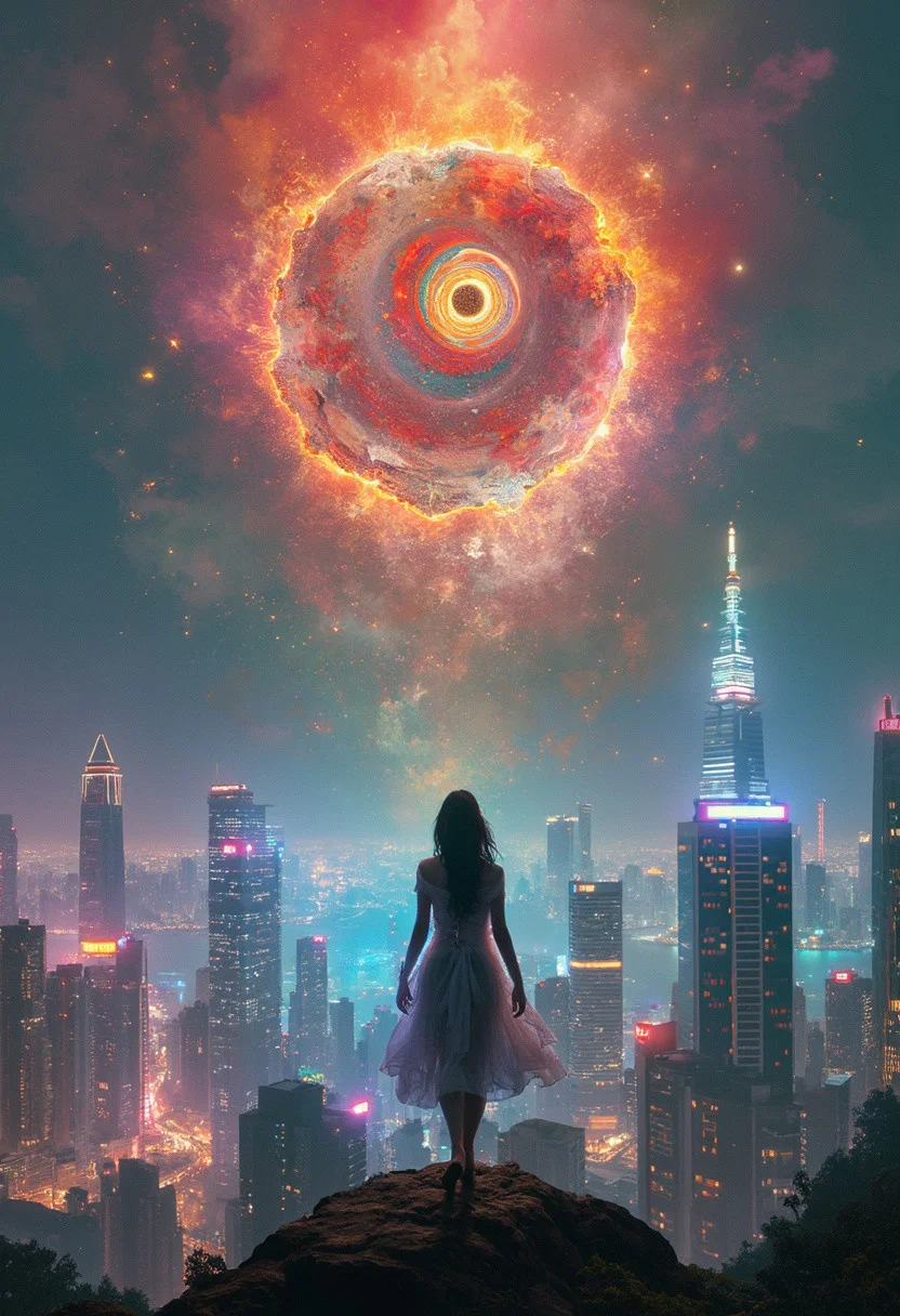 A striking petite young Asian woman stands in at a mountain top above a neon-lit metropolis, Red Incense Burner Summit in Hong Kong, where skyscrapers stretch into infinity. But this is no ordinary city. Reality itself shatters around her—buildings warp violently, twisting like snakes, and streets ripple as if the earth beneath them is liquid. Her body fractures into a cascade of glitching, electrified shards, each one showing a different version of herself: a warrior clad in glowing futuristic armor, a figure in traditional silk robes, another dissolving into swirling, vibrant geometric patterns. She walks forward, her every step sending shockwaves of energy rippling through the environment.
Her eyes blaze with wild, multicolored flames that shoot beams of light into the sky, tearing open a swirling, kaleidoscopic vortex. Colors bleed from the vortex, spilling like liquid fire, igniting the world in brilliant, pulsating hues. Giant, shimmering drones burst forth from this tear in the sky, flapping wings of molten gold and neon blue. They swarm around her, casting radiant shadows. Cars freeze mid-air, crumbling into pixels; people’s shadows warp and elongate, dragged into infinity. The city convulses, crumbling into a dazzling fusion of chaos and electric beauty, as if the digital world is consuming reality.