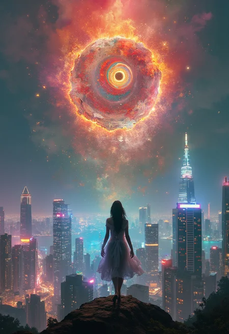 A striking petite young Asian woman stands in at a mountain top above a neon-lit metropolis, Red Incense Burner Summit in Hong Kong, where skyscrapers stretch into infinity. But this is no ordinary city. Reality itself shatters around her—buildings warp violently, twisting like snakes, and streets ripple as if the earth beneath them is liquid. Her body fractures into a cascade of glitching, electrified shards, each one showing a different version of herself: a warrior clad in glowing futuristic armor, a figure in traditional silk robes, another dissolving into swirling, vibrant geometric patterns. She walks forward, her every step sending shockwaves of energy rippling through the environment.
Her eyes blaze with wild, multicolored flames that shoot beams of light into the sky, tearing open a swirling, kaleidoscopic vortex. Colors bleed from the vortex, spilling like liquid fire, igniting the world in brilliant, pulsating hues. Giant, shimmering drones burst forth from this tear in the sky, flapping wings of molten gold and neon blue. They swarm around her, casting radiant shadows. Cars freeze mid-air, crumbling into pixels; people’s shadows warp and elongate, dragged into infinity. The city convulses, crumbling into a dazzling fusion of chaos and electric beauty, as if the digital world is consuming reality.