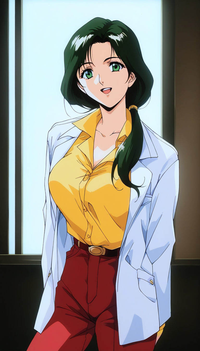 score_9, score_8_up, score_7_up, source_anime, rating_explicit, BREAK <lora:Sakurai_Sensei_XL:1>Sakurai_Sensei, dark green hair, long hair, green eyes,  large breasts, 
low ponytail, lips,1990s (style), anime coloring, 
 1girl, solo,  open mouth, looking at viewer, window, labcoat, shirt, collarbone, full body, indoors,  hair over shoulder, parody, parted lips, portrait, Yellow sleeve,
long pants, smile, red pants,
 collared shirt, 
Japanese room.