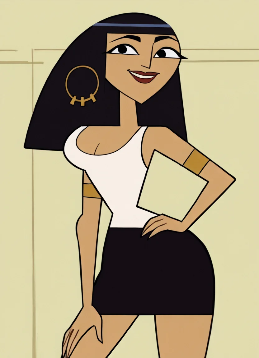 <lora:CleoCHPony1.0:1> cleo, 1girl, solo, hoop earrings, cleavage, long hair, white tank top, black eyes, black skirt, lipstick, smile, armlet, bangs, score_9, score_8_up, score_7_up, score_6_up, score_5_up, score_4_up, looking at viewer, hand on own hip, cowboy shot,