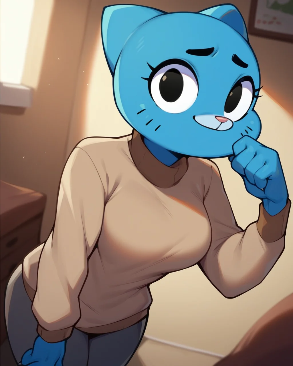 score_9, score_8_up, solo, 1girl, Nicole Watterson, blue fur, cat anthro, black eyes, beige sweater, dynamic angle, indoors, bedroom, <lora:NicoleWatterson_PDXL:1>