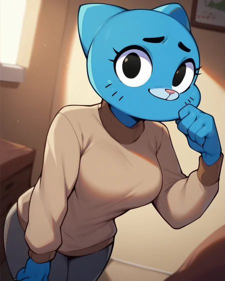 score_9, score_8_up, solo, 1girl, Nicole Watterson, blue fur, cat anthro, black eyes, beige sweater, dynamic angle, indoors, bedroom, <lora:NicoleWatterson_PDXL:1>
