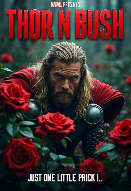 Thor the norse god of thunder
Marvel presents the poster shows Thor hiding in a  bush with spikey thorns and roses,, and the title "Thor N Bush " is written in bold red letters at the top, subtitled,  staring lily allen, rose byrne, willow smith, and Chris Hempsworth '' The tagline underneath reads, " Just one little prick is enough  !"