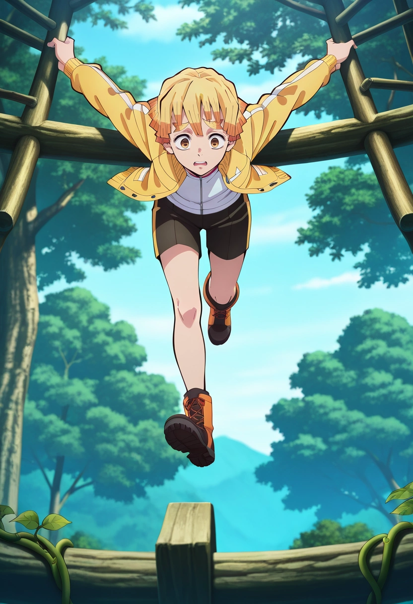masterpiece, best quality, , anime screencap, anime coloring, official style, , , 1boy, solo, male focus, <lora:zenitsu_agatsuma_ilxl:1>, zenitsu_agatsuma, blonde hair, yellow eyes, short hair, bangs, jungle canopy, tree platforms, vine bridges, bird nests, climbing pose, adventurous expression, morning, Tailored shorts, Harlequin EmeraldGreen Nylon Field jacket, Hiking boots, ,