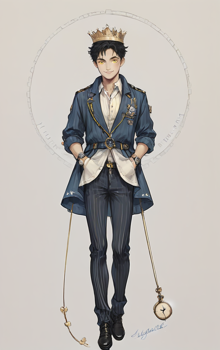 score_9, score_8_up, score_7_up, score_6_up, score_5_up, score_4_up,
 <lora:OverDesignedGirls:.7>
1boy, black hair, bow, clock, crown, full body, looking at viewer, male focus, pocket watch, roman numeral, smile, solo, striped, striped legwear, vertical stripes, watch, yellow eyes