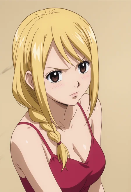 score_9, score_8_up, score_7_up, anime screencap, BREAK, 1girl, solo, <lora:DX888Lucy:1> lucy heartfilia, brown eyes, BREAK at a construction site, outdoors, serious, confidant, Silk Gown Set - Long Dress, Spaghetti Strap Top, and Slippers (single braid, hair over shoulder)