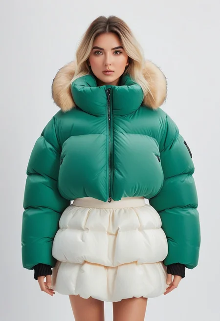 ((((sherpa puffer padded jacket)))), ((((sharpa puffer padded coat)))), ((((puffer skirt)))), ((((cowboy shot)))), ((((from back)))), standing, winter, snow, mountains, 1girl, solo, (masterpiece), (detailed face, detailed eyes), (beautiful detailed eyes:1.5), sidelighting, (super detail, hyper detail, intricate_details, detailed), looking at viewer, (semi realistic:1.6), very detailed face, (Blonde hair), (white hair), absurdly long hair, hair between eyes, (straight hair), (green eyes), put your hair behind your ears, eyelashs, eyeliner, (eye shadow:0.5), wet hair, sweat, white skin, Angry face, (blush), padded cuffs, padded collar, Thick padded cuffs, Thick padded collar, <lora:Collar-SDXL:0.6>, <lora:Cuffs-SDXL:0.6>, <lora:Puffer_Jacket_and_Down_Jacket_-_Extra_Puffy_Jackets:0.6>, <lora:puffer_skirt_v1:0.6>