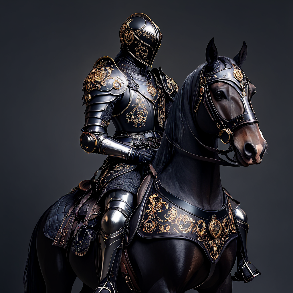 <lora:Rococo_Steampunk_SDXL:1> ArsMJStyle, Rococo Steampunk,  The image shows a man in armor riding on the back of a black horse. He is wearing a helmet and armor and the horse is adorned with a saddle and bridle., armor, helmet, horse, weapon, solo, horseback riding, breastplate, gauntlets, shoulder armor, sword, sheath, full armor, riding, knight, 1other