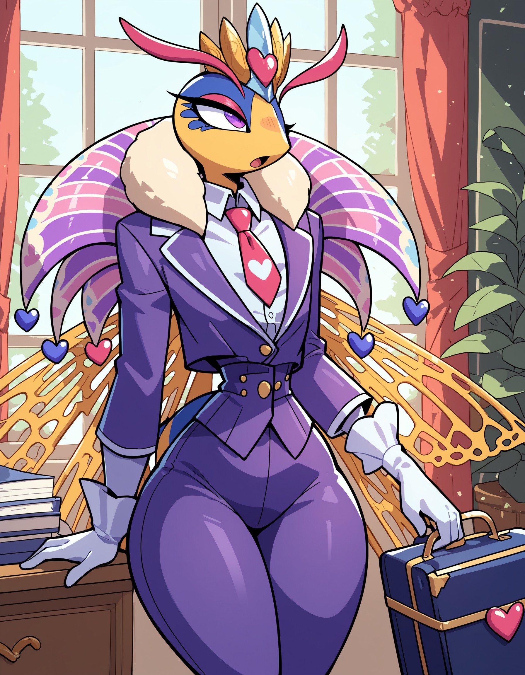 score_9, score_8_up, score_7_up, Queen Sectonia, (solo), 1girl, femboy, girly, anthro, floating hands, gloves, multicolored skin, insect, arthropod, insect wings, fur collar, office, (purple suit, long pants, shirt, jacket, tie, elegant), holding suitcase, heart motif, wide hips, (small waist), looking to the side, (open mouth), crown, <lora:cefaa866-a58e-40ba-a219-79ab392f7d60:0.9>, <lora:548a342b-2dc6-440b-abe1-a6ce75213d61:0.9>