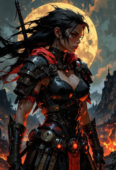 in the style of ck-mgs, nistyle, Inkplash art on rice paper, sepia, henna, Silhouette Art, magnificent, inksplash, closeup portrait, female spartan warrior, goddess of destruction, large breasts, toned arms, flowing black hair, reflective black and neon red armor, armor, large breasts, holding a spear, abstract background suggesting a mountain top, overlooking a village in a valley, midnight atmosphere, moonlight, moon rays, night, Cowboy Shot, close up,