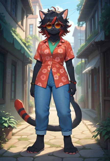 (score_9, score_8_up), score_7_up, score_6_up, best quality, highest quality, (feral), cat, animal focus, furry, female, (solo), full body, official style, (body fur), (black body, black fur, red fur), (black hair, red hair, streaked hair), (messy hair, spiked hair, highlights), cat ears, animal nose, tinted eyewear, round eyewear, hidden eyes, smirk, red markings, red stripes, necklace, hawaiian shirt, bracelet, paws, cat tail, clothed feral, no humans, Xinstyle