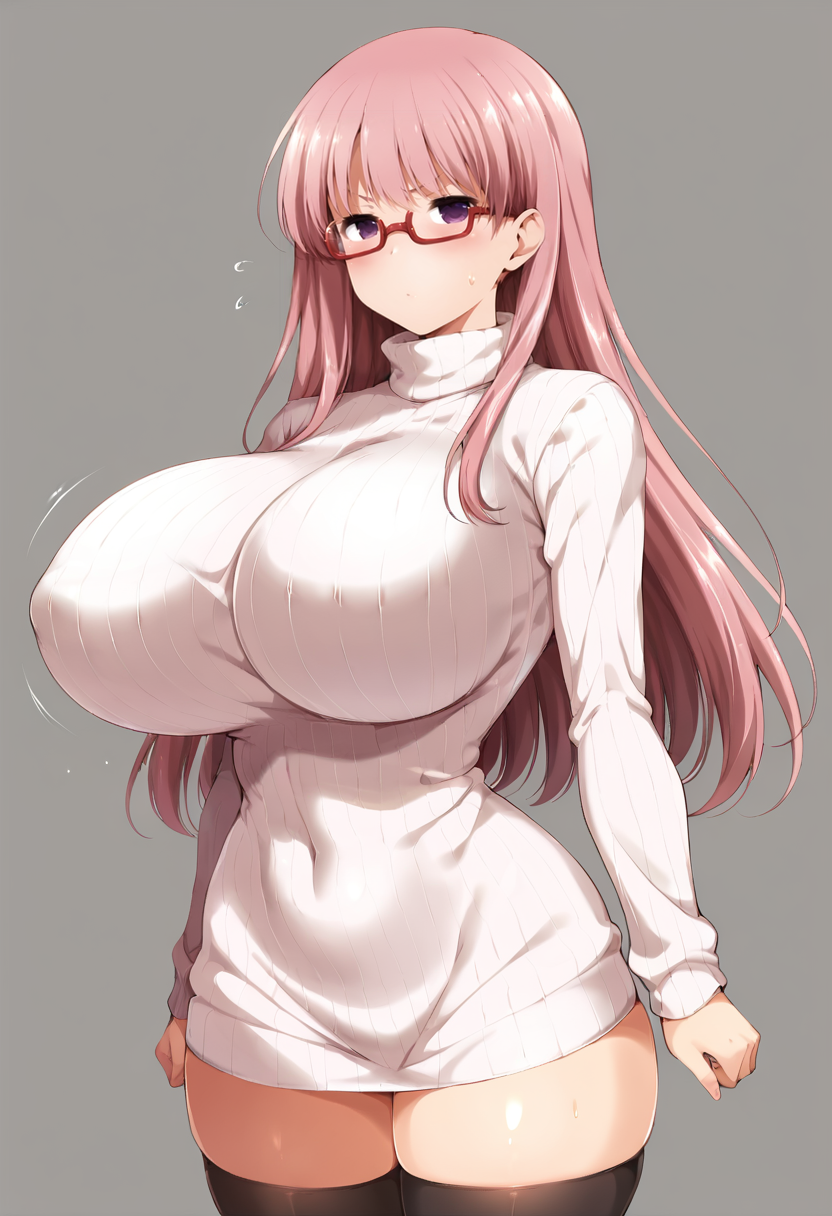 score_9, score_7_up,  1girl, 
huge breasts, wide hips, thick thighs, short dress, solo, standing, breasts, red-framed eyewear, turtleneck, sweater dress, arms at sides, ribbed dress, covered navel, sweatdrop, ribbed sweater, turtleneck sweater, zettai ryouiki, grey background, pink hair, long sleeves, half-closed eyes, impossible clothes, dress, sweater, impossible sweater, thighhighs, cowboy shot, bouncing breasts, purple eyes, v-shaped eyebrows, long hair, legs together, thighs, glasses, looking at viewer, sweat, clenched hand, straight hair
 <lora:kobayashi_ritz-Style-PonyXL-GLoRA:1>
