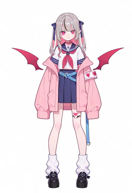 Flatline, Flat vector illustration, looking at viewer, full_body,
niji-ririmu,flat chest,red eyes,long eyelashes,grey hair,streaked hair,multicolored hair,pink inner hair,pointy ears,fang,heart tattoo,tattoo around thigh,long hair,two side up,black hair ribbon,saggy hair ribbon,red wings,demon wings,
niji-ririmucos1,serafuku,white shirt,short sleeves shirt,red neckerchief,midriff,blue belt,loose belt,blue skirt,miniskirt,pleats skirt,white socks,loose socks,red choker,red collar,pink jacket,off shoulder jacket,armband,long sleeves,sleeves past wrists,sleeves past fingers,
slim, slender, fair skin, clear skin, beauty skin, smooth skin, shiny skin, beautiful legs, long legs,
from front, front view, straight-on, look at viewer, standing, (legs apart:1.4),
white background,