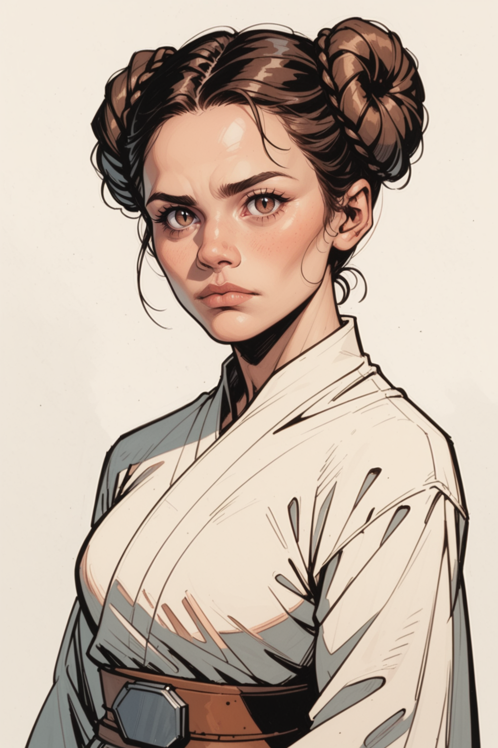 1girl, Princess Leia Organa (Star Wars), girl, solo, , looking at viewer, brown hair, long sleeves, upper body, faux traditional media, dress, closed mouth, brown eyes, hair bun, white dress, black hair, fine art parody hair rings, sash, short hair, double bun, black eyes, robe, standing, belt, nose, , doughnut hair bun, hair ornament, simple background,, zPDXL3, detailxl,  Score_PnyReal,