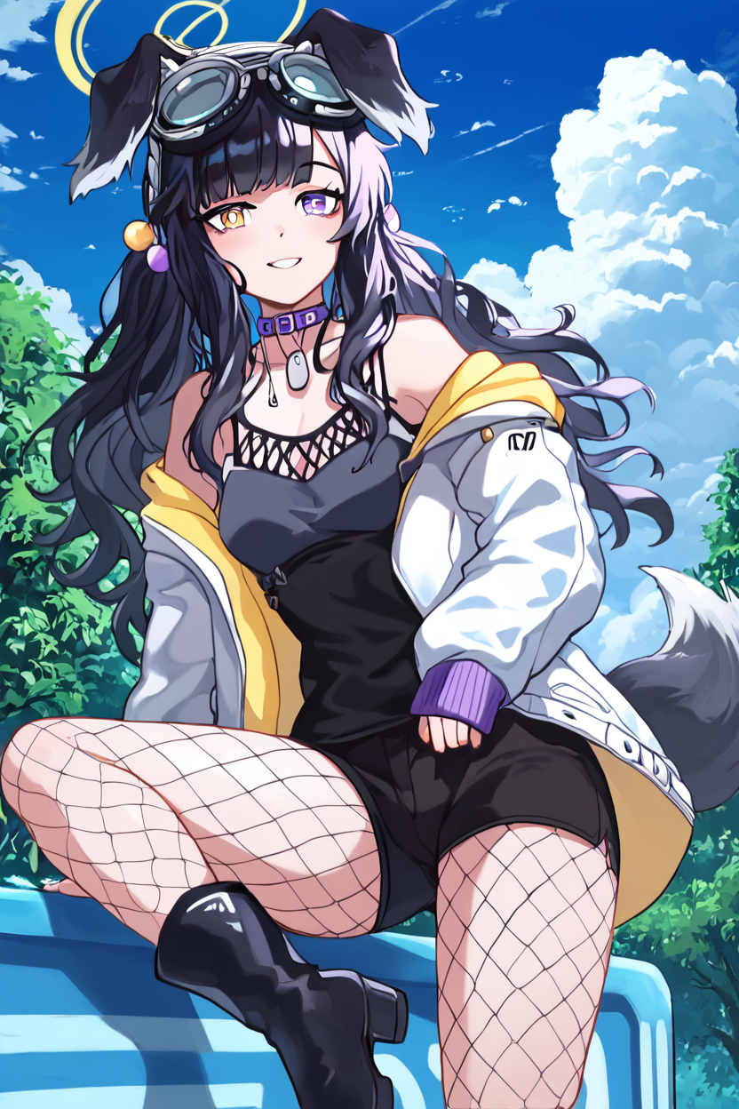 score_9, score_8_up, score_8, medium breasts, (curvy), cute, eyelashes,       BREAK, , ,,, zzHibiki, yellow eyes, black hair, long hair, animal ears, dog ears, dog tail, halo, (black shirt), white jacket, open jacket, black shorts, boots, fishnet pantyhose, off-shoulder, dog tags, purple eyes, <lora:Hibiki_BlueArchive_PDXL_v2:0.8>,   ,,,, BREAK, smile, looking at viewer, cowboy shot, ,,, outdoors, sky, day, cloud, tree, blue sky, sunny,  ,,, Expressiveh, ,,, <lora:Alola_Style_PDXL:0.8>, <lora:Expressive_H-000001:0.4>,