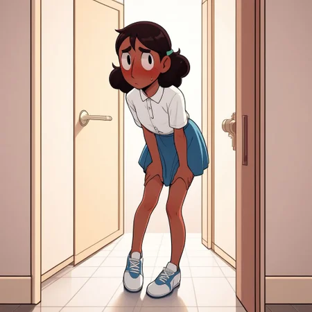 connie_maheswaran, score_9, score_8_up, score_7_up, score_6_up, score_5_up, score_4_up, BREAK, source_anime, full body, indoors, small breasts, white button up shirt, blue skirt, white tennis shoes, blush, leaning forward, blush, desperate, desperation, eyes crossed, holding crotch, bathroom door