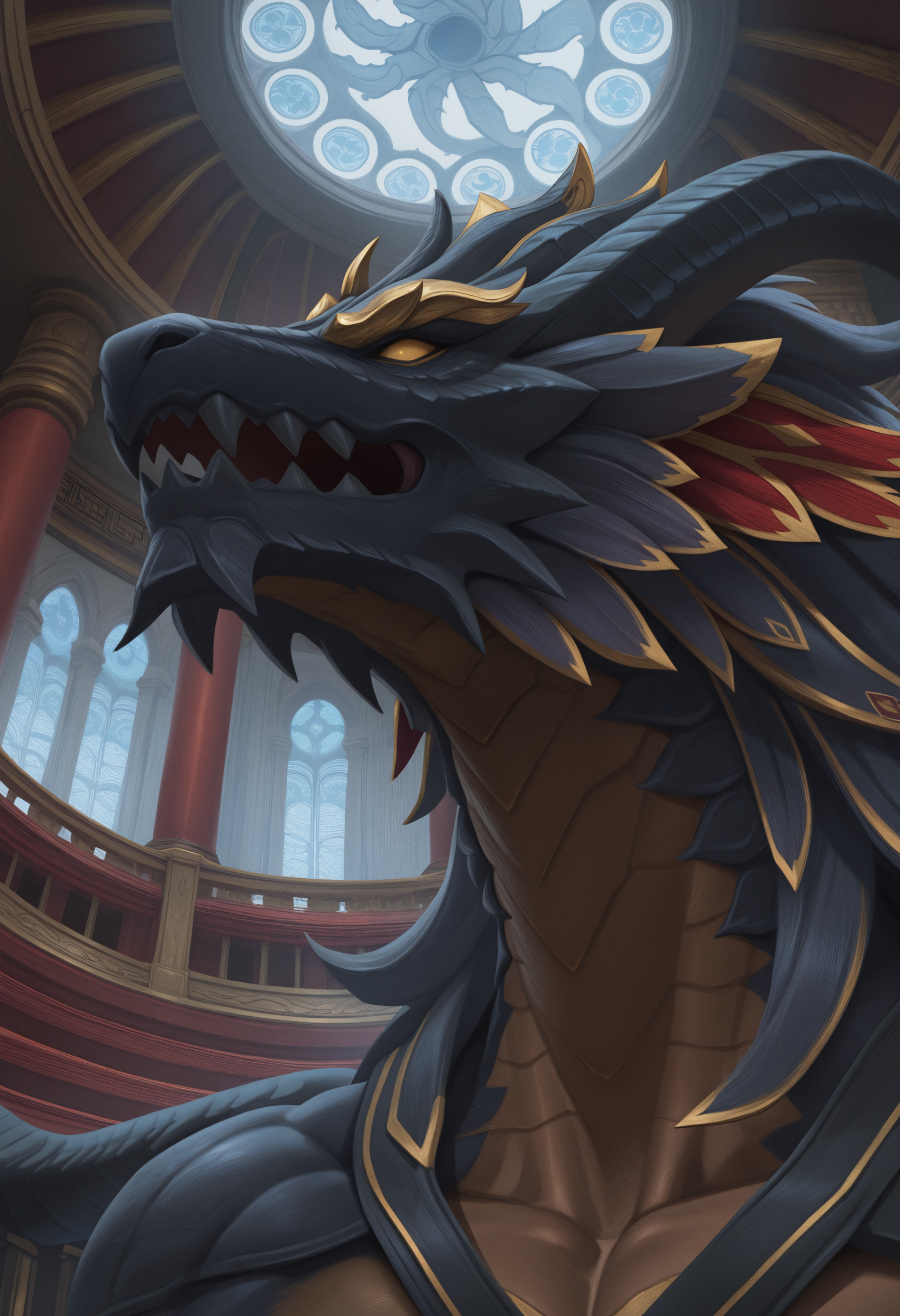 best quality, newest, absurdres, highres, (masterwork, masterpiece, best quality, hyper-detailed :1.3), 

1boy, solo,


b4h4_ffx, dragon, dark skin, yellow sclera, no pupils, close up, 

temple, inside, 
