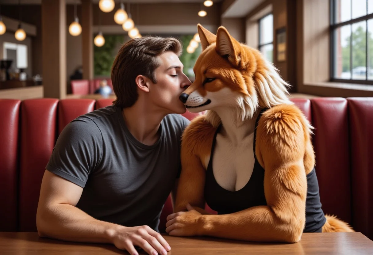 A human male and a furry female kissing, kissing romantically, in a booth in a restaurant, furry has blonde hair, furry is a fox, Anthro, furry, photo, detailed hand, hand, perfect hand, professionally made, hyperrealistic,