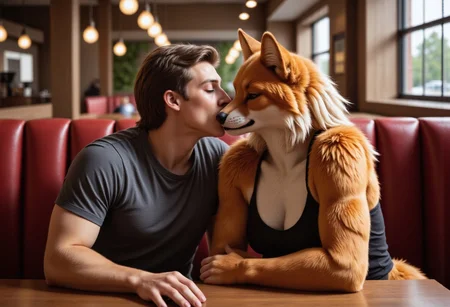 A human male and a furry female kissing, kissing romantically, in a booth in a restaurant, furry has blonde hair, furry is a fox, Anthro, furry, photo, detailed hand, hand, perfect hand, professionally made, hyperrealistic,