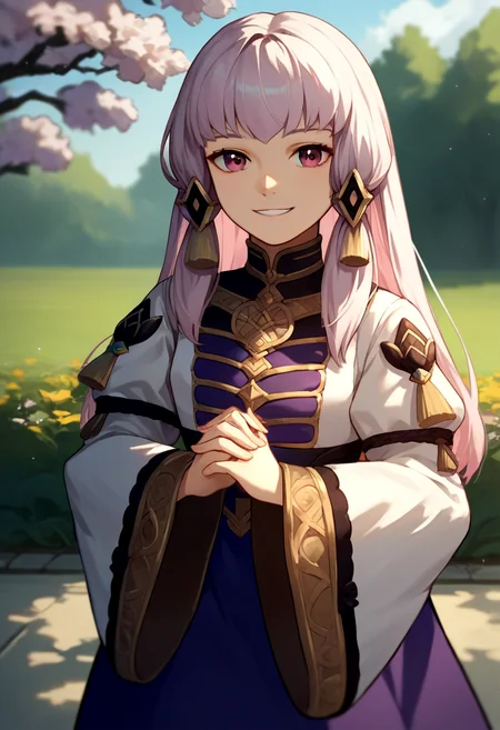 score_9, score_8_up, score_7_up, source_anime, solo, 1girl, lysitheahopes, smile, looking at viewer, own hands together, hair ornament, white dress, long sleeves, wide sleeves, purple skirt, black pantyhose, outdoors <lora:fireemblem_ordelia_ponyXL:1>