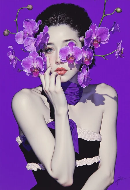 This is a high-resolution ArsMJStyle, Colored pencil hyperdetailed realism featuring an Asian woman with an elegant, serene expression. She has smooth, fair skin and a delicate, petite build. Her dark hair is slicked back, and she wears a striking purple scarf tied around her neck. The scarf adds a pop of vibrant color against the solid purple background, creating a cohesive and dramatic visual effect. The woman's face is partially obscured by large, vibrant purple orchids. The orchids are attached to thin green stems that emerge from her forehead, creating an intriguing and surreal composition. Her eyes are almond-shaped and slightly downcast, adding to the contemplative atmosphere of the image. The woman's attire includes a black sleeveless top with a textured, ruffled edge, visible at the bottom of the frame. The background is a solid, deep purple, which contrasts sharply with her skin and the green and purple hues of the orchids, emphasizing the bold and artistic nature of the photograph. The overall style of the image is modern and avant-garde, blending elements of nature and fashion in a visually striking manner. (Detailed hand, Hand, Perfect hand, aesthetic_pos3, dynamic_pos3, By Donna Young)