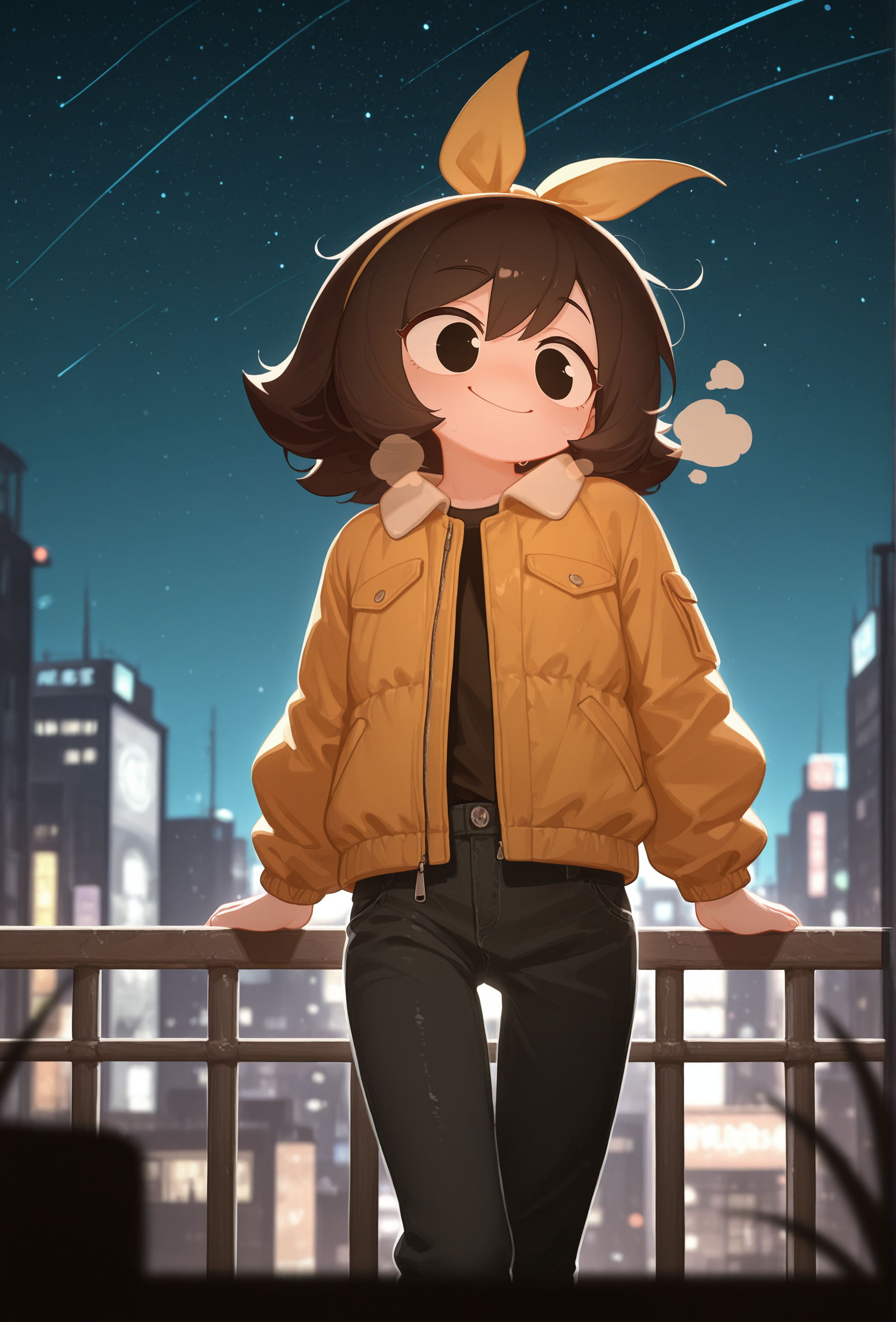 masterpiece,best quality,amazing quality, masterpiece,best quality,amazing quality, <lora:marigold_cabronpr_illustrious_v1f:0.7> marigold, 1girl, solo, hairbow, no nose, black eyes, smile, BREAK
(blurry background, blurry foreground, depth of field:1.3), city, night, starry sky, jacket, pants, breath, railing <lora:menthak0_style_illustrious_v1f:0.7> mk0style, <lora:antifreez3_style_illustrious_v1f:0.7> afz3style, collared jacket
